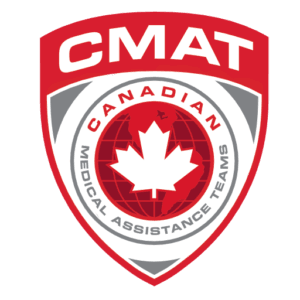 logo in the shape of a badge with image of globe and maple leaf and CMAT name